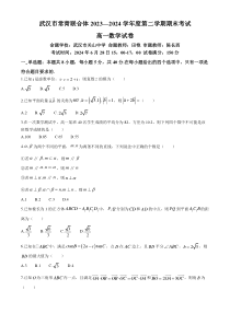 湖北省武汉市常青联合体2023-2024学年高一下学期期末考试数学试卷 Word版含答案