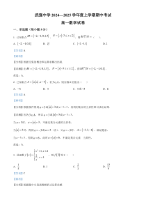 河北省衡水市武强中学2024-2025学年高一上学期期中考试数学试题 Word版含解析