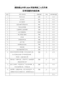 四川省绵阳市南山中学2024-2025学年高二上学期9月月考化学试题细目表