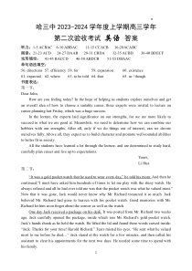 黑龙江省哈尔滨市第三中学2023-2024学年高三上学期第二次验收考试 英语答案