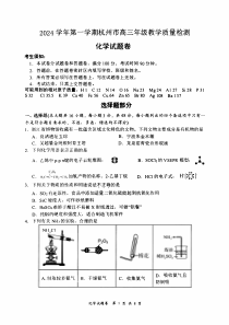 浙江省杭州市2024-2025学年高三上学期一模化学试题 扫描版含答案