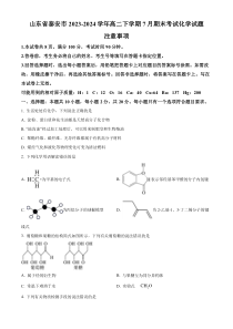 山东省泰安市2023-2024学年高二下学期7月期末考试 化学 Word版含解析