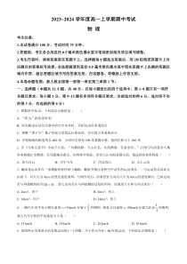 广东省深圳市联盟校2023-2024学年高一上学期11月期中考试+物理+含解析