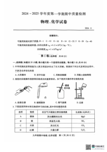 汉阳区2024-2025学年上学期期中九年级理化试题（PDF版）