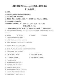 四川省成都外国语学校2024-2025学年高一上学期期中检测 化学试题 Word版