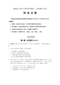 湖北省黄冈麻城市2020-2021学年高一上学期期中考试物理试题含答案【武汉专题】